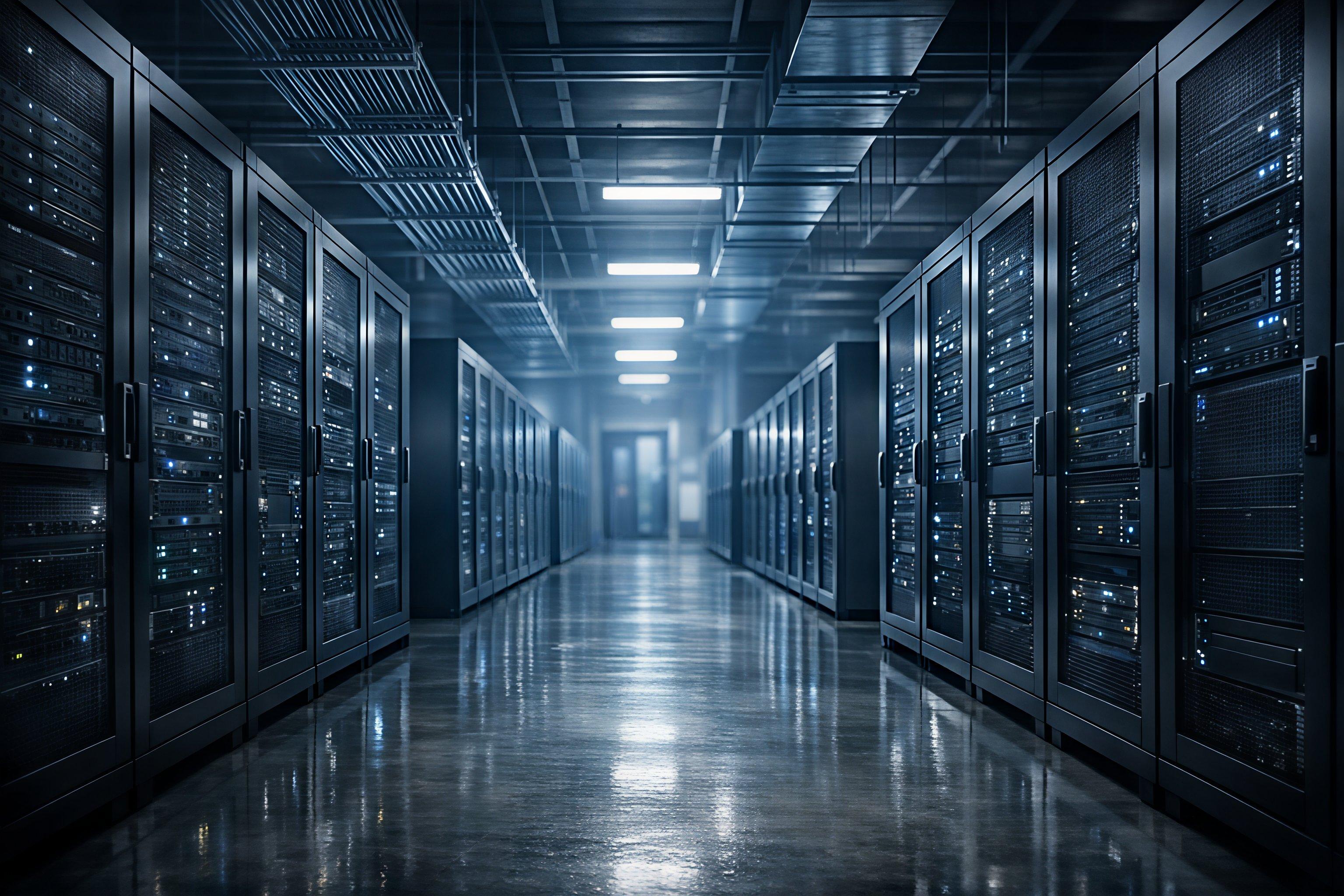Interior of a modern enterprise data centre with rows of server racks, cool blue lighting, polished concrete floor reflections and ceiling cable trays.