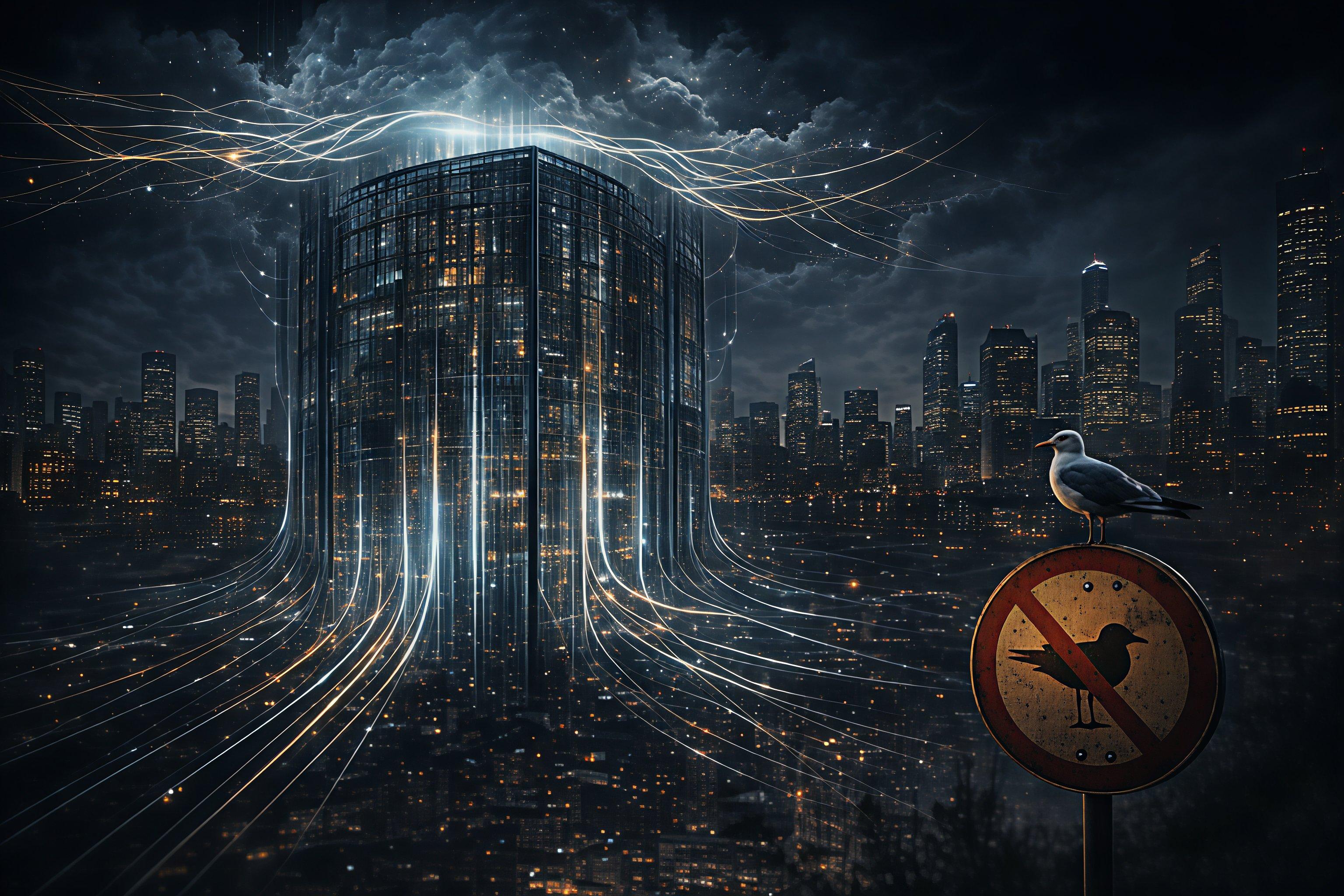 Glowing enterprise database tower in a storm-lit city skyline