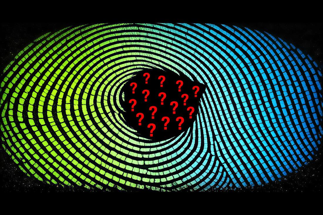 Fingerprint rendered in glowing white ridge lines on a black background, with a void at its centre where the pattern is simply absent