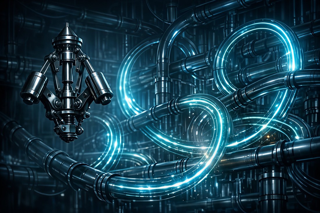 A disconnected mechanical governor suspended beside glowing circular data pipelines – illustrating an enterprise data loop running without its brake