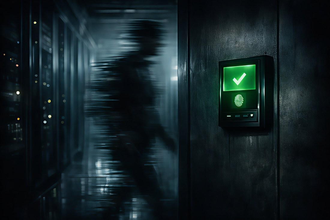 An AI agent connecting to an enterprise database, represented as a ghostly figure passing through a security gate unchallenged