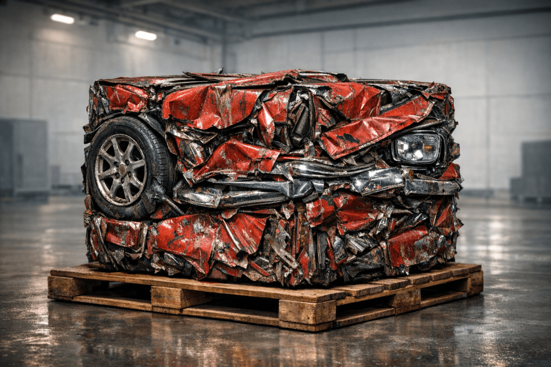 Compacted red junk car crushed into a dense cuboid block on a wooden pallet inside an industrial warehouse, with twisted metal, exposed wheel sections, and visible headlight fragments