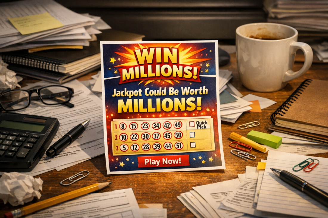 Cluttered office desk with scattered papers, notebooks, stationery and a used coffee cup, centred around a brightly coloured lottery ticket reading “WIN MILLIONS” and “Jackpot Could Be Worth Millions,” sharply in focus under warm lighting