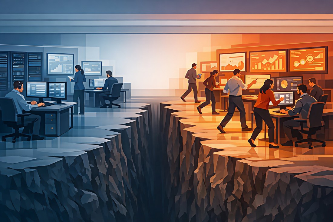 Two professional teams work on opposite sides of a deep chasm — a calm blue server infrastructure environment on the left, a fast-moving orange AI dashboard environment on the right, with no bridge between them