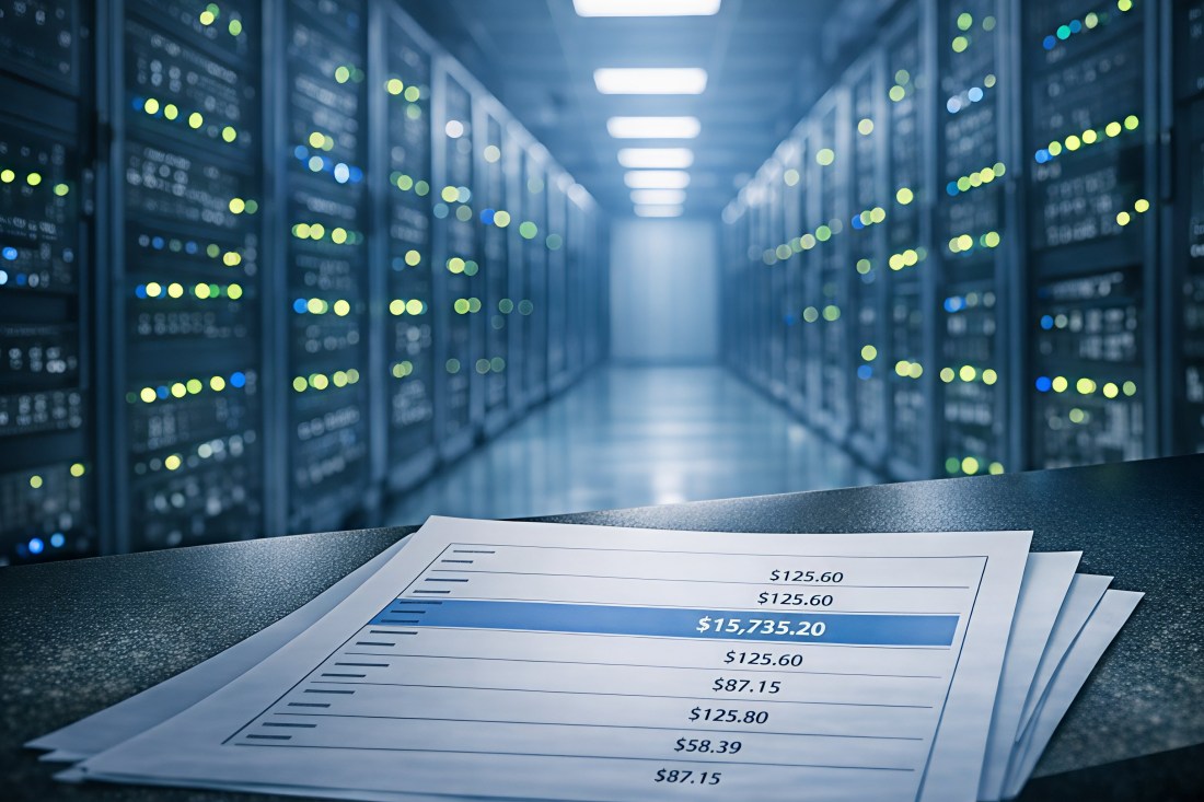Data centre corridor with green server rack lights and a printed cost report in the foreground showing a single anomalous figure of $15,735.20 among otherwise uniform charges