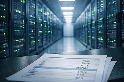 Data centre corridor with green server rack lights and a printed cost report in the foreground showing a single anomalous figure of $15,735.20 among otherwise uniform charges
