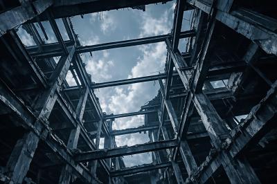 Looking up through the exposed concrete framework of a ruined building, sky visible through gaps where walls once stood, blue-grey tones