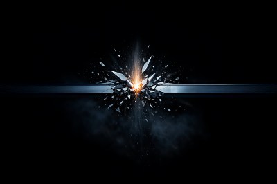 A steel beam breached by an upward force, fragments suspended mid-burst against a near-black background, with an amber ignition point at the point of rupture
