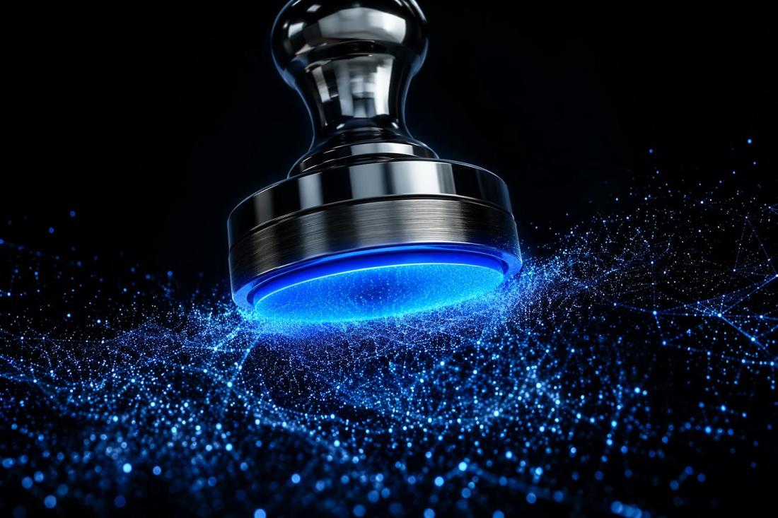 A chrome rubber stamp making contact with a cloud of blue glowing particles, suggesting formal approval applied to something that cannot be fixed or fully characterised