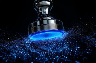 A chrome rubber stamp making contact with a cloud of blue glowing particles, suggesting formal approval applied to something that cannot be fixed or fully characterised