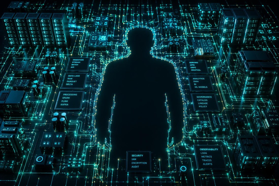Human silhouette defined by absence at the centre of a glowing enterprise data architecture, with circuit pathways and labelled system components built around the void