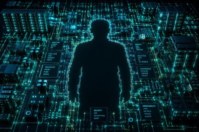 Human silhouette defined by absence at the centre of a glowing enterprise data architecture, with circuit pathways and labelled system components built around the void