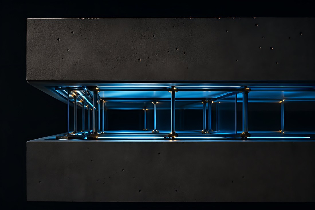 Two dark concrete slabs separated by a steel framework glowing teal and blue from within — the deliberately engineered layer that must be built between AI agents and enterprise databases.